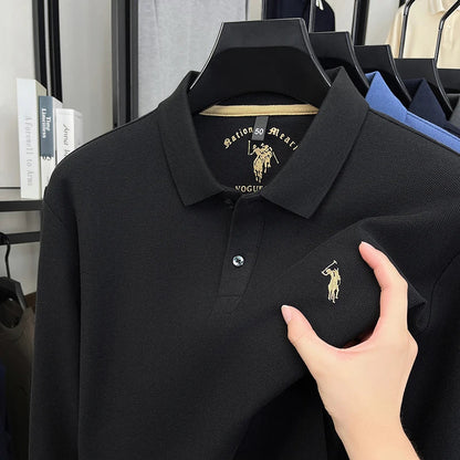 2025 New Cotton Long Sleeved T-shirt for Men, High End Embroidered Little Horse Logo Fashion Autumn/Winter Polo Top