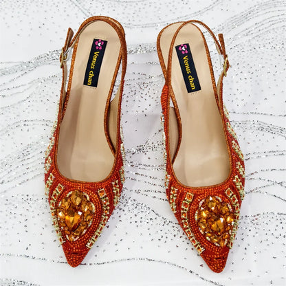 Elegant Rhinestone Pointed Toe Pumps With Matching Bag Set Large Size shoes Big Bag for Women's Party High Heels