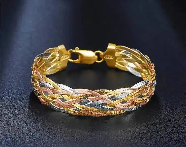 Real 925 Sterling Silver Three Color Gold Plated Multi Threads Woven Bracelets For Women Italian Jewelry Trendy Luxury Bracelets