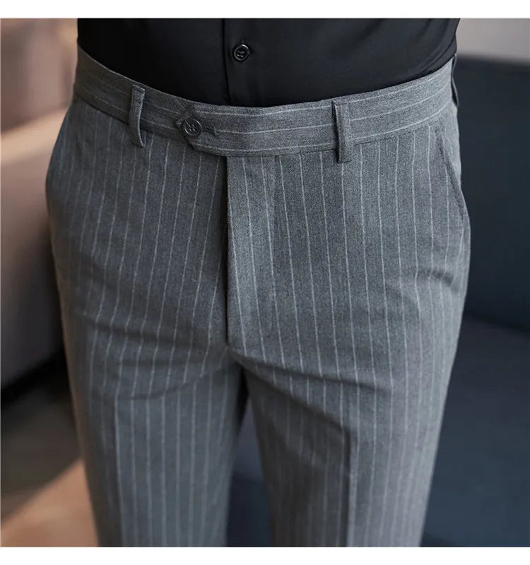 Men's Slim Fit Pinstripe Dress Pants, Stretch Comfort and Thickened Fabric for Business Casual Office Wear