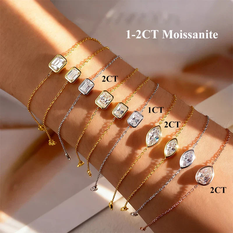 Bezel Setting 1/2CT Pear Marquise Emerald Cut Moissanite Solitaire Link Bracelet Women 925 Silver Diamond Party Wrist Chain