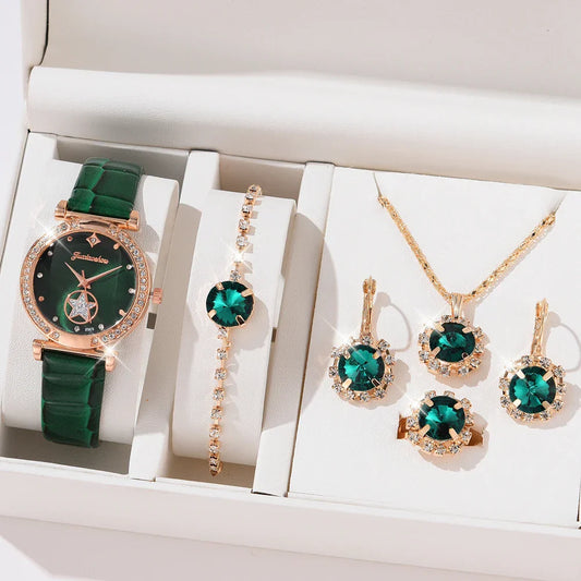 6PCS Set Green Luxury Quartz Watch Women Ring Necklace Earring Rhinestone Fashion Wristwatch Casual Ladies Bracelet Watches 6PCS