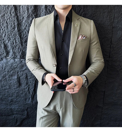 Men's Korean Style Slim Fit Suit Set, High Quality Fabric Solid Color Edge Pressing for Wedding Business