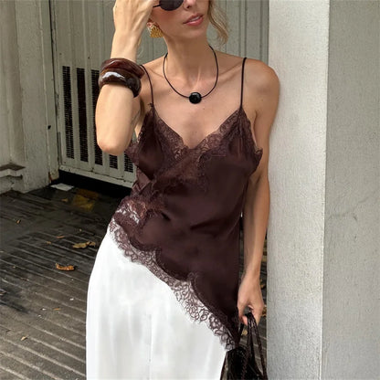 Women Lace Trim Satin Camisole V Neck Spaghetti Strap Backless Asymmetrical Tops Trendy Summer Streetwear