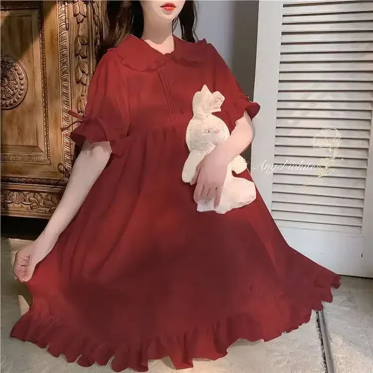 Japanese Sweet Girl Lolita Dress White 2021 Summer Kawaii Peter Pan Collar Cute Ruffle Puff Sleeve Drees Elegant Lady Dresses
