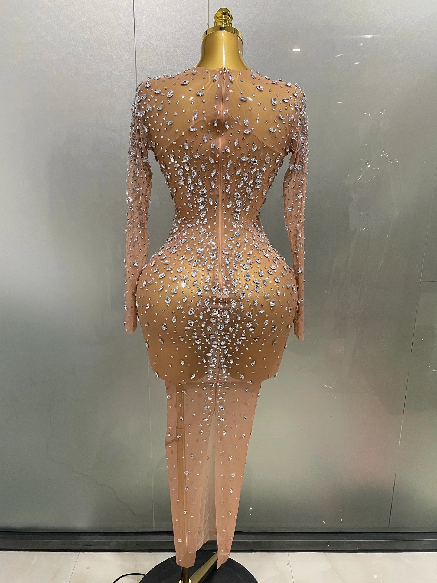Shinny Rhinestone Stretch Mesh Transparent Long Dress 2025New Women Evening Birthday Party Prom Nightclub Singer Stage Wear