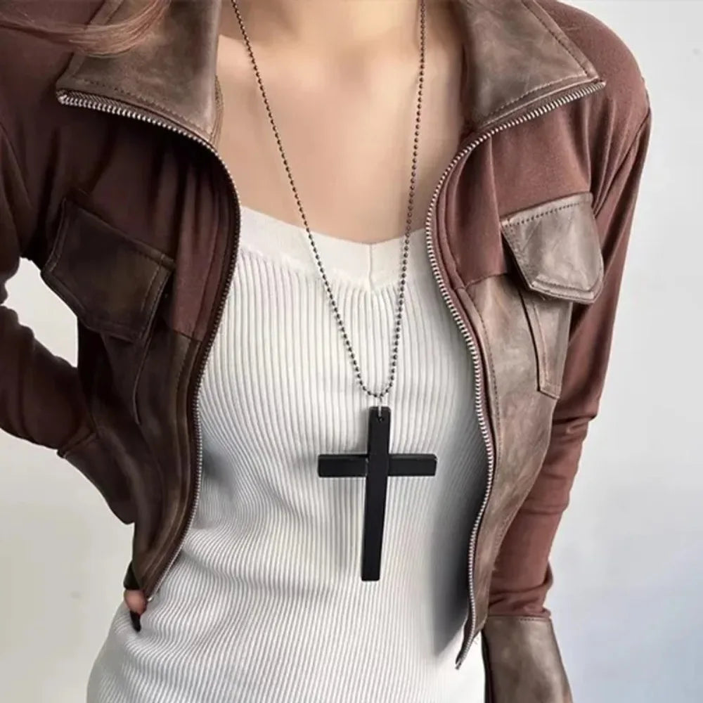 Fashion Punk Gothic Wood Cross Pendant Necklace for Women Men Halloween Vintage Black Hip Hop Y2K Accessories Party Jewelry Gift