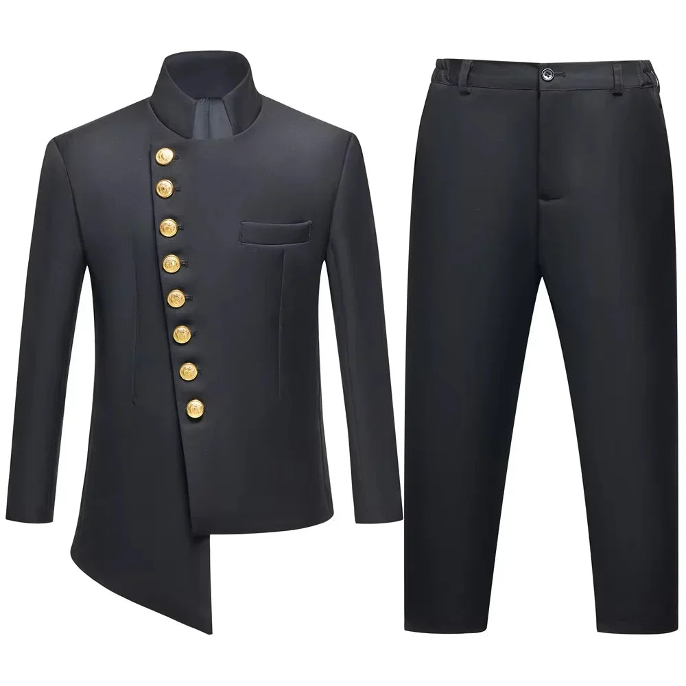 Black 2PCS Boys Formal Suit Set Brand Selection For Kids Aged 3-14 Yrs Elegant Stand Collar Design With Gold Buttons Perfect
