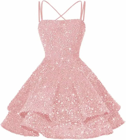 Sequin Short Square Neck Homecoming Dress for Teen Sparkly Prom Dress Sweet 16 Photo Shoot Cocktail Gowns Graduation Dress