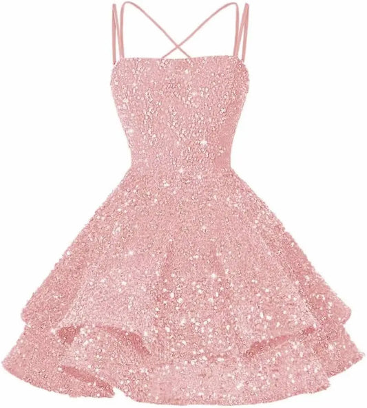 Sequin Short Square Neck Homecoming Dress for Teen Sparkly Prom Dress Sweet 16 Photo Shoot Cocktail Gowns Graduation Dress