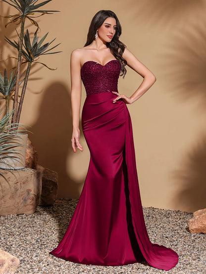 Satin waist pleated side flaps floor-length skirt, sequined spliced tube top dress