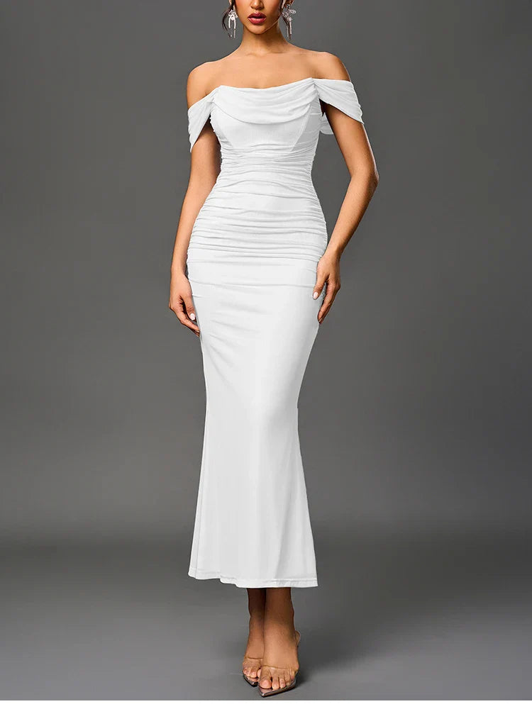 Women's Off Shoulder Ruched Mesh Long Corset Dress Backless Fishbone Bodycon Elegant Fashion Party Club Maxi Dresses