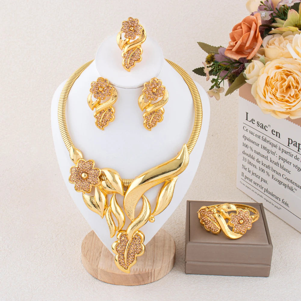 Luxury Flower Design Jewelry Set for Women Color Big Pendant Necklace and Earrings Bridal Weddings Nigerian Accessories