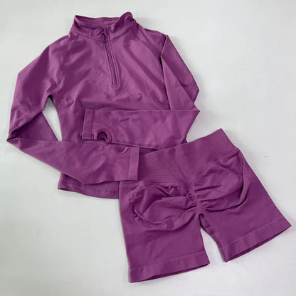 No Logo 2pcs Long Sleeve Yoga Set Women Half Zippy Jacket Longline Sports Top Gym Shorts Fitness Suits Running Coats Workout Set