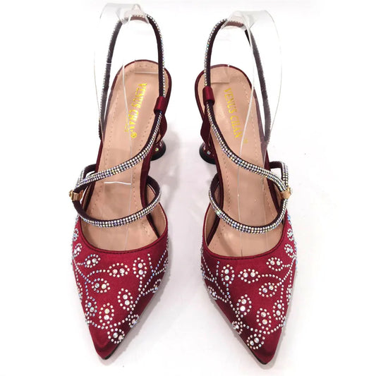 2025 Summer New Design Specials Italian Women Shoes and Bag Set Wine Color Comfortable High Heels With Rhinestone
