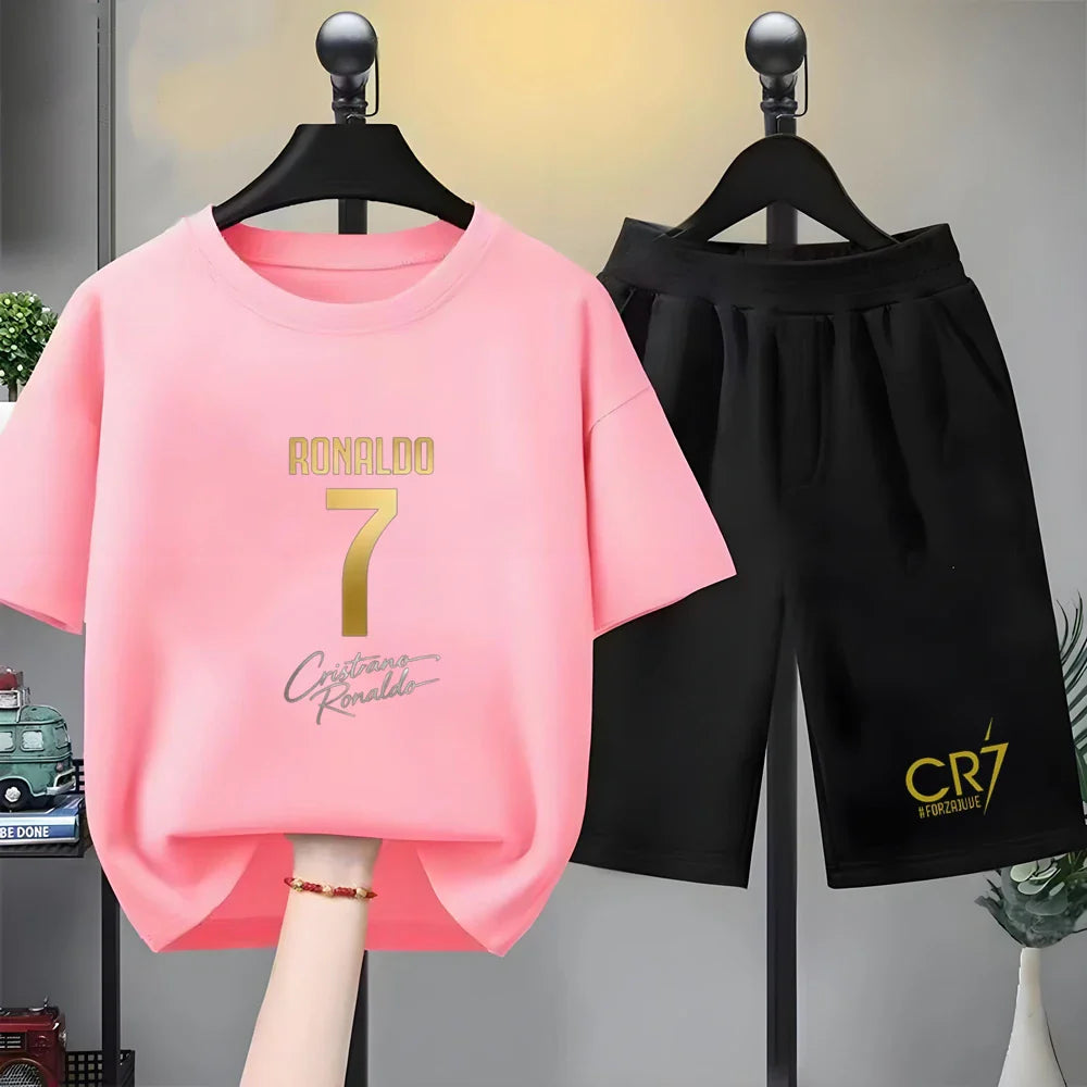 Children Short-sleeved T-shirt+Shorts black Boys Girls Toddler 3-12Yrs Sports Set Football Player No. 7 Summe cool Clothing