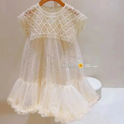 2024 Novo Vestido de Princesa para Meninas, Casual, Primavera, Verão, Roupas Infantis, Vestidos Infantis de Pérolas no Pescoço, Vestido de Fio da Moda