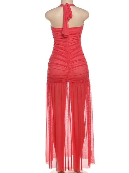 See Through Hem Dress Women Ruched Halter Summer Trend Sleeveless Backless Patchwork Midnight Clubwear Party Maxi Bodycon