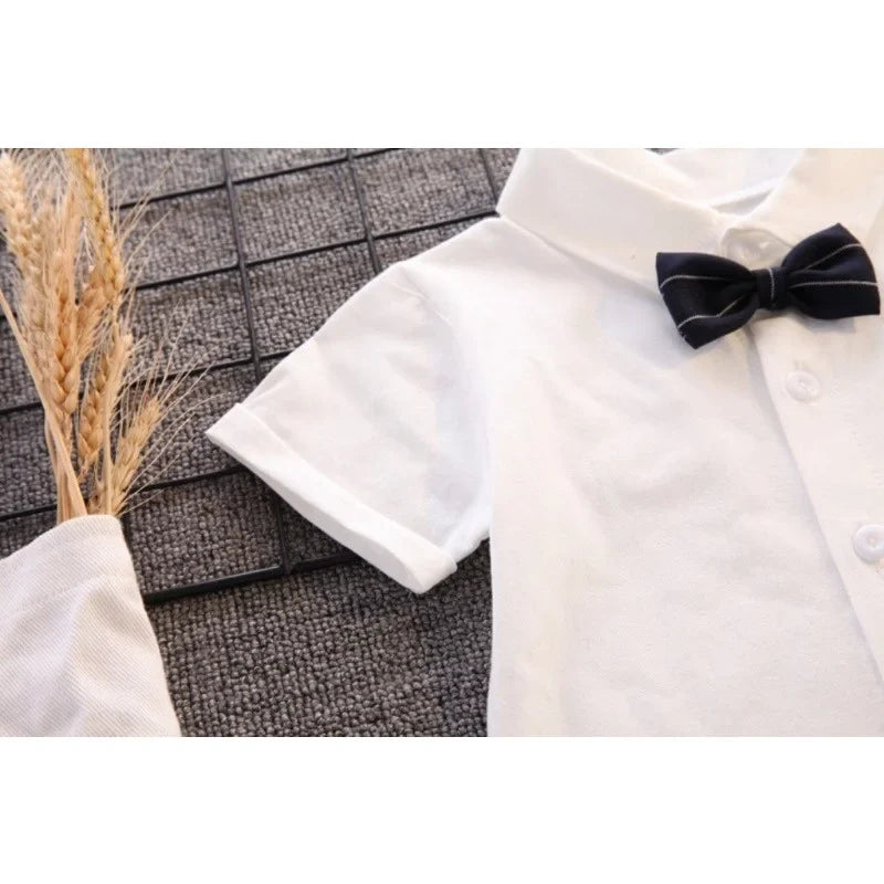 Gentleman Baby Boss Suit White Polo Shirt Stripe Straps Shorts Set 1st Birthday Outfit for Baby Kids Boys Wedding Party Tuxedo