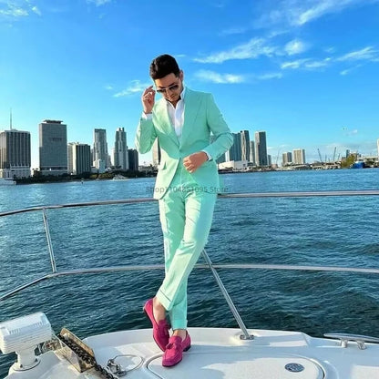 Casual Mint Green Suits for Men Business Work Clothes Office Jacket Pants Suit Wedding Groom Tuxedo Peak Lapel Blazer for Party