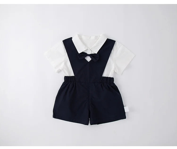 Baby Boys Gentleman 2pcs Overalls Set Bow Tie White Shirt+Suspender Shorts 1st Birthday Outfits Kids Handsome Suit