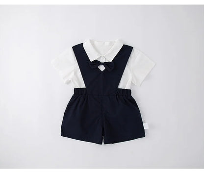 Baby Boys Gentleman 2pcs Overalls Set Bow Tie White Shirt+Suspender Shorts 1st Birthday Outfits Kids Handsome Suit