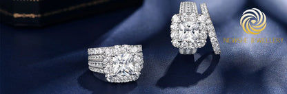 2Pcs 925 Silver Wedding Rings Set for Women Halo Princess Cut White Cubic Zircon Vintage Luxury Jewelry Engagement Ring