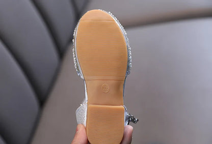 Summer Girl's Sandals Sliver Pink Diamante Luxury Hollow-out Kids Sliders Hook-loop Round Toe Glitter Stylish Children Shoe26-36
