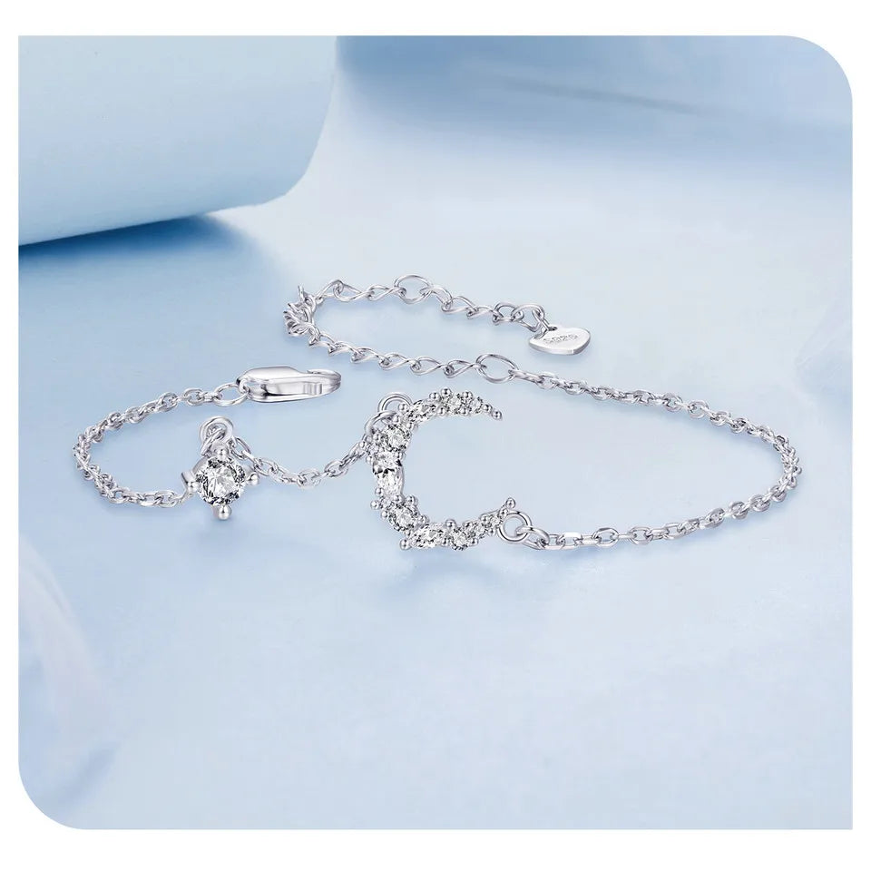 925 Sterling Silver Moon Bracelet, White Gold Plated Personalized Moonlight Dainty Link Chain Bracelet for Women BSB174