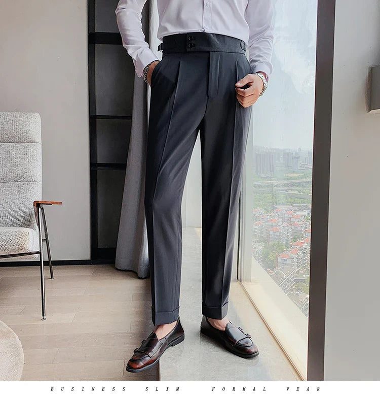 Men British Style Suits Pants New Male Solid High Waist Trousers High Quality Men Formal Slim Fit Business Casual Suit Pants