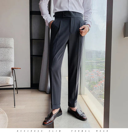 Men British Style Suits Pants New Male Solid High Waist Trousers High Quality Men Formal Slim Fit Business Casual Suit Pants