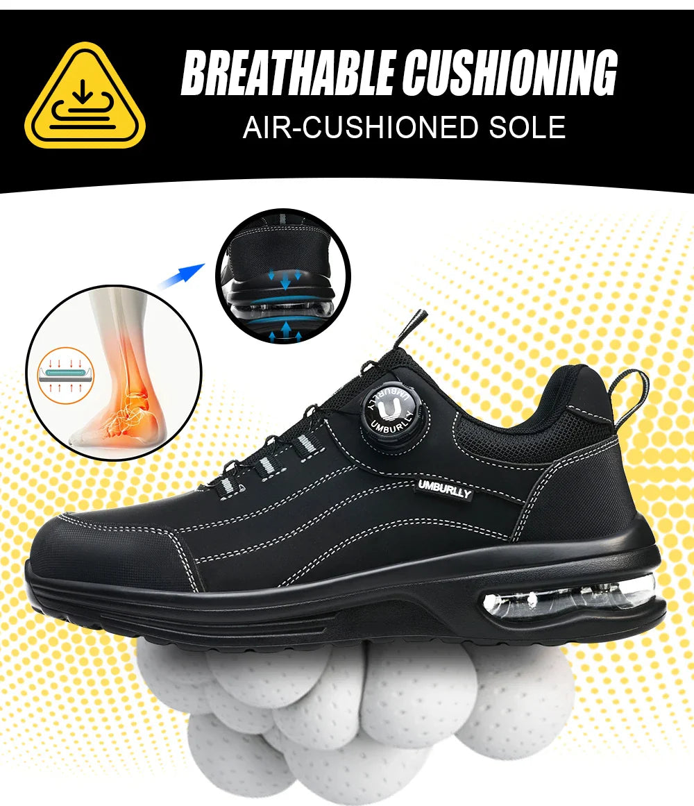 Men's Steel Toe Safety Work Boots Puncture Resistant Kevlar Midsole Air Cushioned Black Button Style Industrial Construction