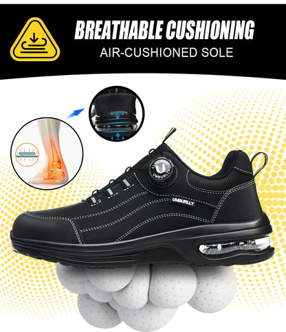 Men's Steel Toe Safety Work Boots Puncture Resistant Kevlar Midsole Air Cushioned Black Button Style Industrial Construction