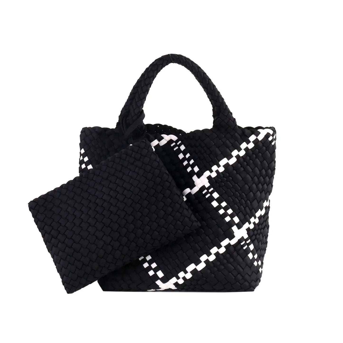 Woven Bag for Women, Neoprene Tote Bag Summer Beach Handbag Purse Retro Handmade Travel Shoulder Bag Set Neoprene Weave Tote Bag