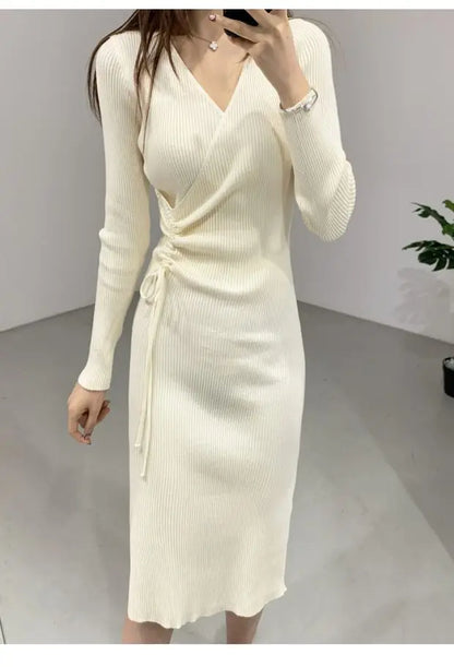 V-ne Knitted Wrap Waist Slimming Mid-length A-line Dr Women's Sweater Dr Korean Sle High Waist Long Sve