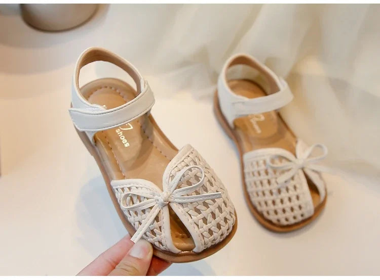 Girls Princess Shoes Weave Breathable Kids Beach Shoes with Simple Bows 2025 Summer New Children Sandals Soild Color Non-slip