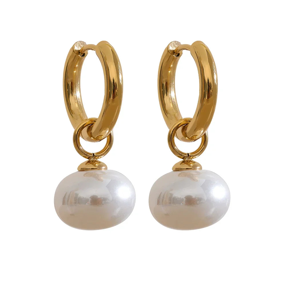 High Quality Imitation Pearls Drop Stainless Steel Golden Korean Hoop Earrings Charms Fashion Jewelry Bijoux Femme Gift