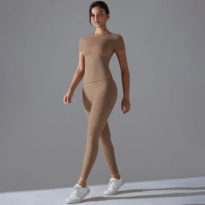 Yoga Set Women Workout Set Sportswear Gym Clothing Fitness Shorts Sleeve Crop Top High Waist Leggings Sports Suits