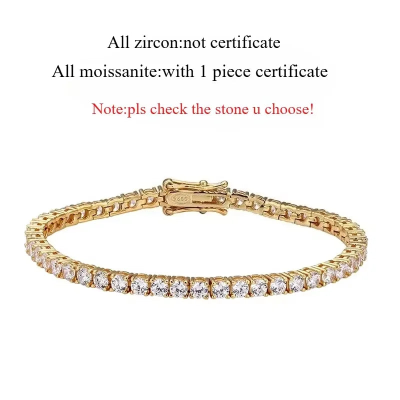 18k Gold Plated Moissanite Tennis Bracelet for Women 3/4/5mm Classic 925 Sterling Silver Certified Bracelet for Men Chain