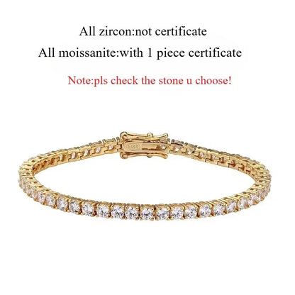 18k Gold Plated Moissanite Tennis Bracelet for Women 3/4/5mm Classic 925 Sterling Silver Certified Bracelet for Men Chain