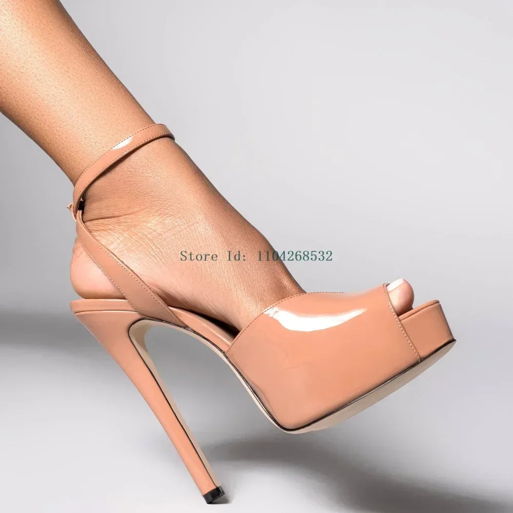 Red Patent Leather Platform High Heels  Stiletto Ankle Buckle Strap Solid New Arrivals Fashion Slingback Buckle Strap Shoes