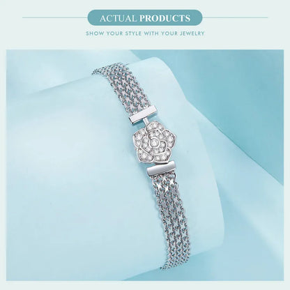 Original 925 Sterling Silver Rose Basic Bracelet Flat Chain Bangle Sparkling Zirconia Flower Charm for Women Birthday Gift