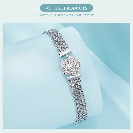 Original 925 Sterling Silver Rose Basic Bracelet Flat Chain Bangle Sparkling Zirconia Flower Charm for Women Birthday Gift