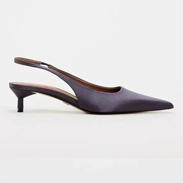 Elegant Purple Satin Low Heel Women Pumps Sexy Pointed Toe High Heels for Women Hollow Back Strap Mules Fashion Party Dress Shoe