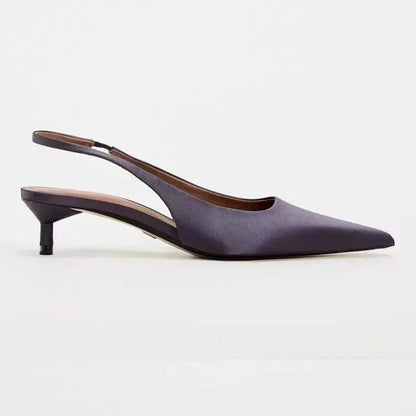 Elegant Purple Satin Low Heel Women Pumps Sexy Pointed Toe High Heels for Women Hollow Back Strap Mules Fashion Party Dress Shoe
