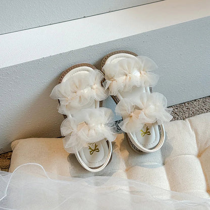 Sweet Princess Shoes Girl Tulle Lace Butterfly-knot Chic Summer Wedding Party Shoes Sandals for Child Girls Holiday Shoes I11155