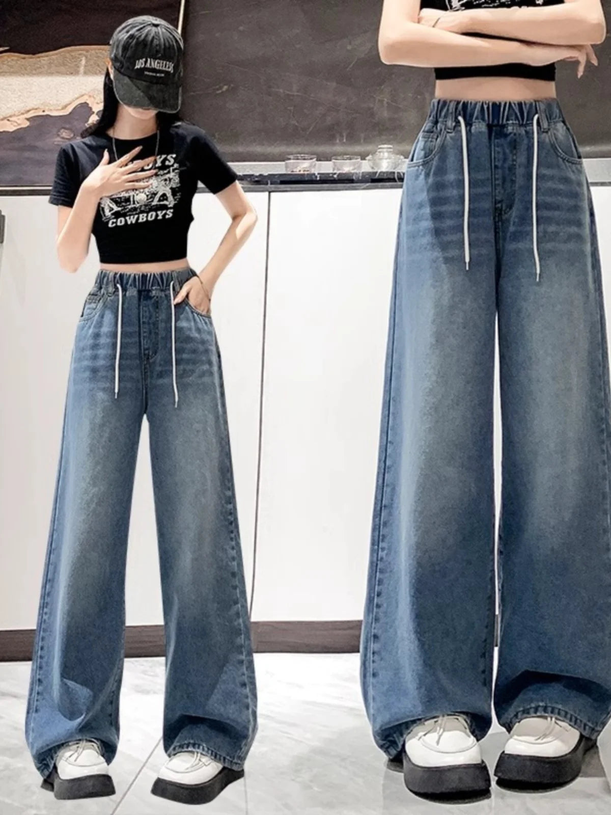 Calça Jeans Feminina Plus Size Folgada Cintura Alta Perna Larga Azul Claro Elástico na Cintura Cordão Calças Outono Moda Plus Size