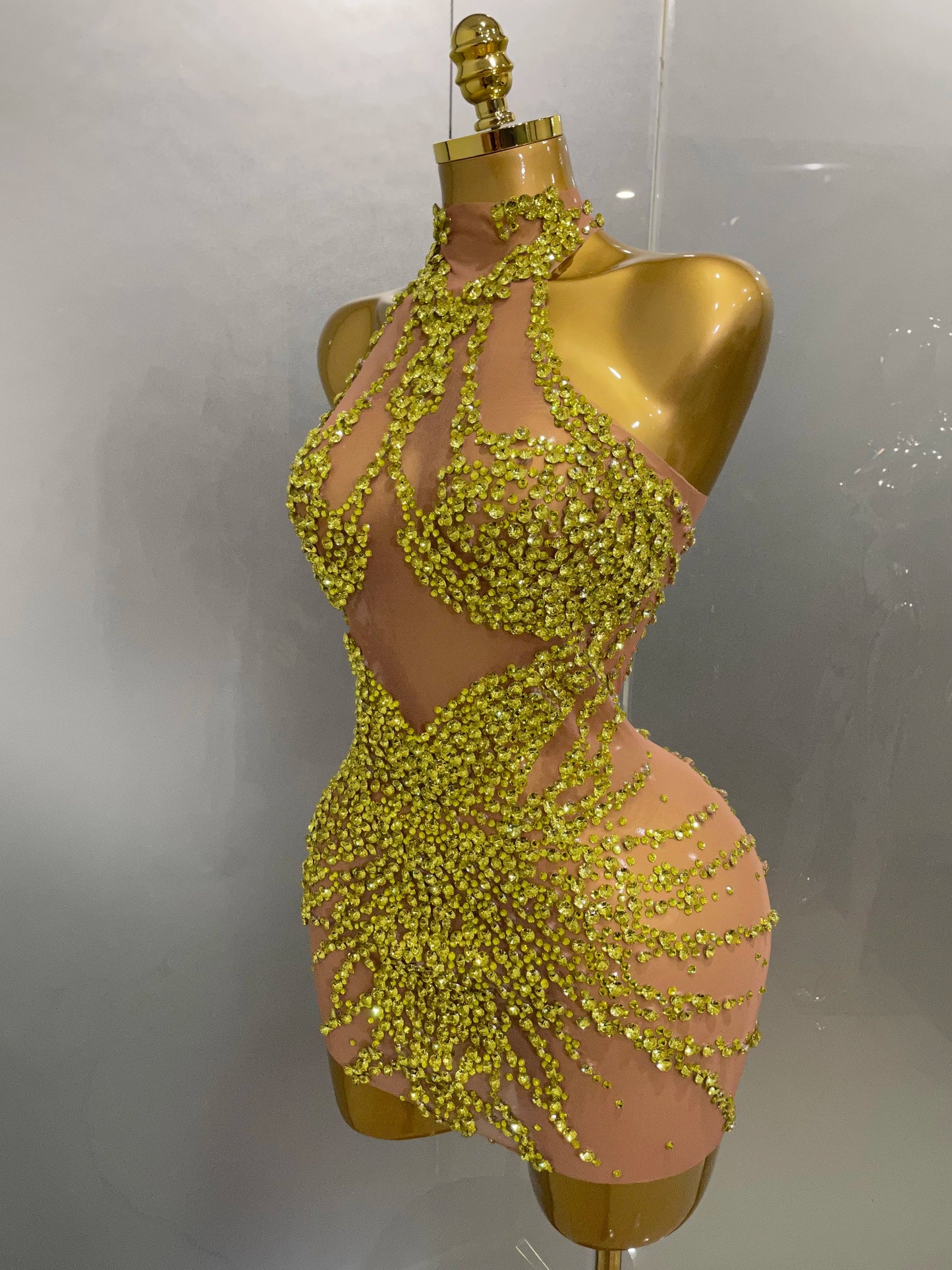 Rhinestones Sexy Mesh See Through Dress Party Evening Prom Celebrate Birthday Dress Singer Dancer Show Stage Wear