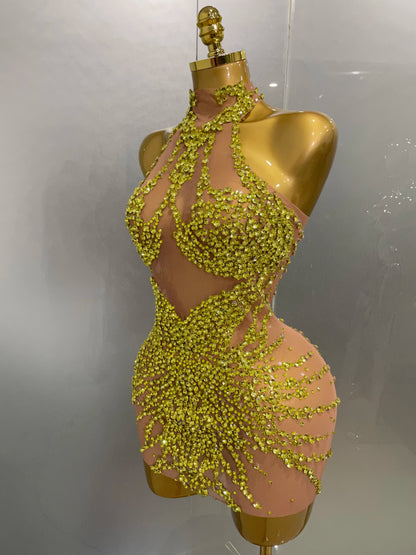Rhinestones Sexy Mesh See Through Dress Party Evening Prom Celebrate Birthday Dress Singer Dancer Show Stage Wear