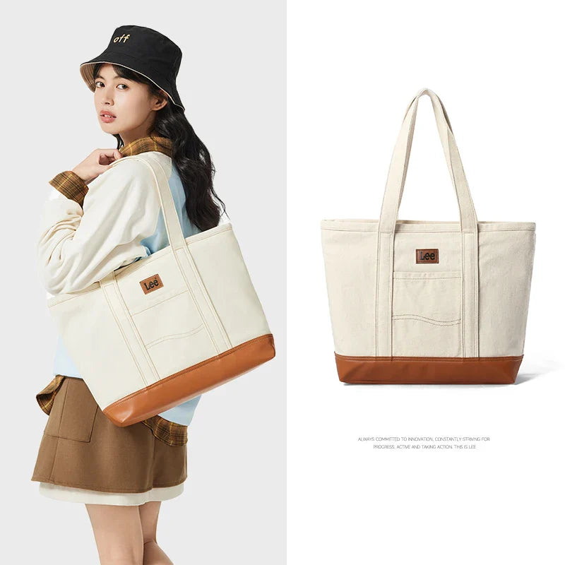 Unisex Utility Canvas Leather Zipper Tote Bag Casual Denim Daily Shopping Handbag Women Man Durable Student School Book Bag